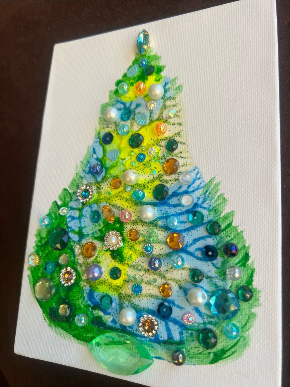 Handmade Blue & Green Jeweled Christmas Tree – 5x7 Original painting - Picture 6 of 8